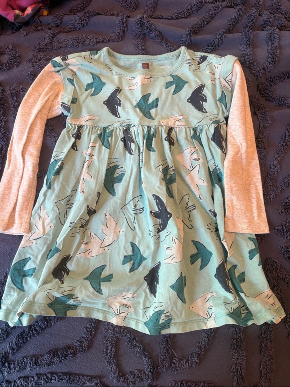 Tea collection- Girls' Mint Green Bird Print Long Sleeve Dress